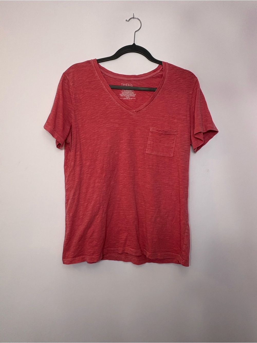 Time and Tru Women's V-Neck Pocket Tee in Coral Red